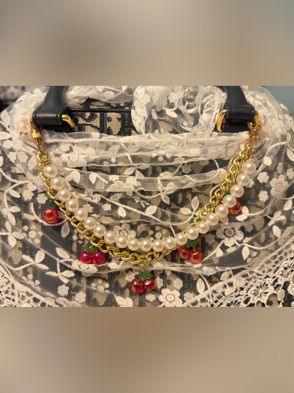 Pearl & Gold Cherry Purse Charm - Women Jewelry